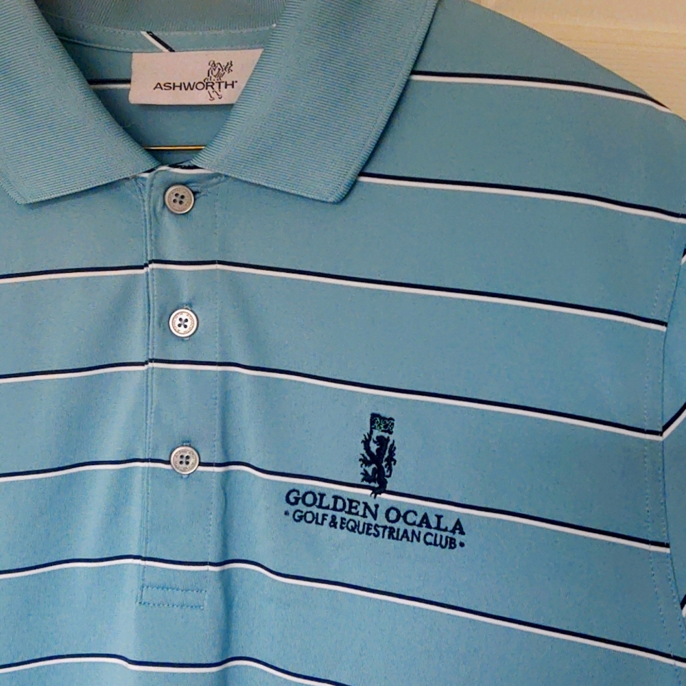 Ashworth turquoise with black and white pinstriped polo shirt